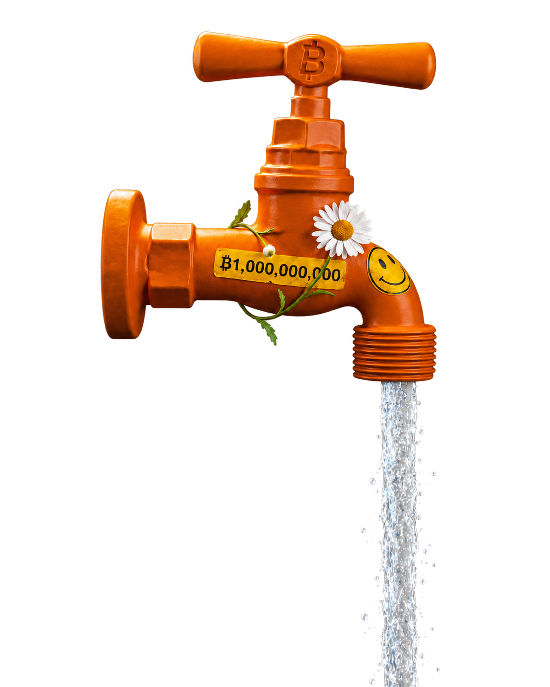 Orange Bitcoin faucet with daisies and flowing water
